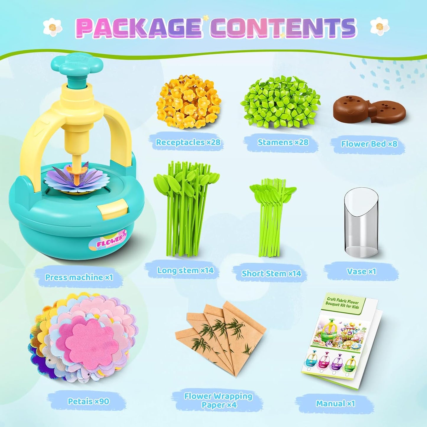 Plunack Flower Bouquet Toys Kits for Kids Age 4-8, Flower Press Kit DIY Flowers Making Craft Kit for 4 5 6 7 Year Old Girls Arts & Crafts Toys Educational Handmade Activity Set, Gift for Girls 3+