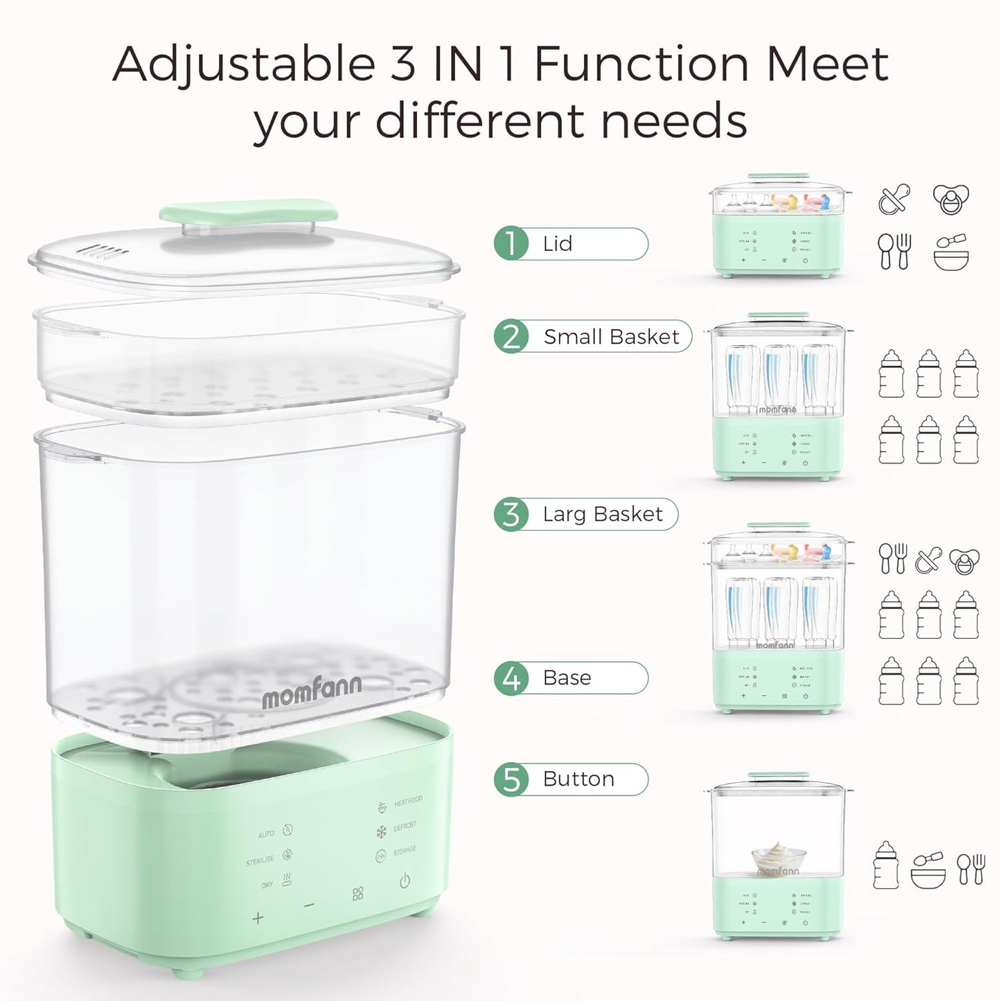 Bottle Sterilizer and Dryer, All-in-One Electric Steam Sterilizer Bottle Sanitizer for Baby Bottles, Pump Parts Accessories Newborn Essential (Green)