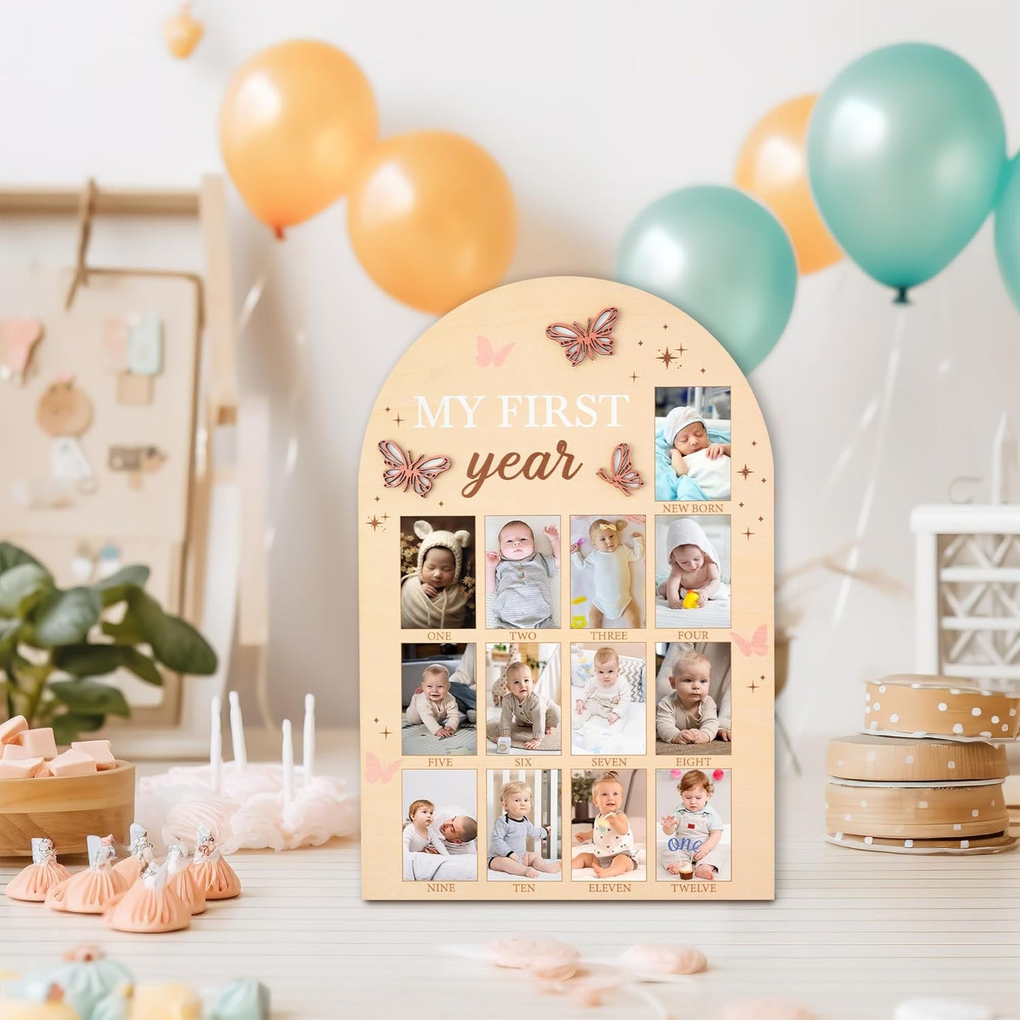 R HORSE My First Year Photo Frame Board, 3D Butterfly Baby First Year Picture Frame 12 Months Milestone Display Wood Board Baby Keepsake 1st Birthday Nursery Decor Gift for Boy Girl