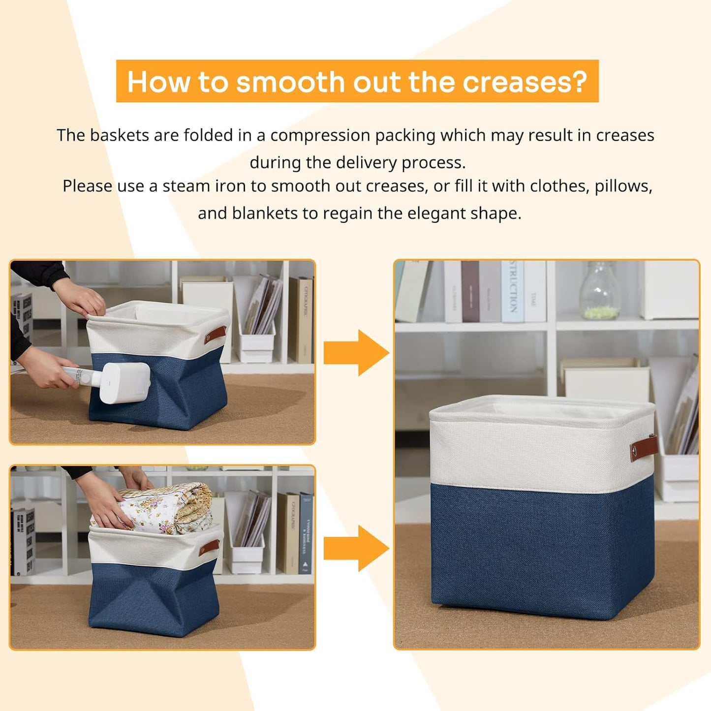 DULLEMELO [Set of 4 Storage Cubes Baskets for Organizing, 11 x 11 x 11 inch Cube Storage Organizer Bins with Leather Handles, Foldable Fabric Cloth Bins for Cube Storage(4 Pack - 11" White&Blue)