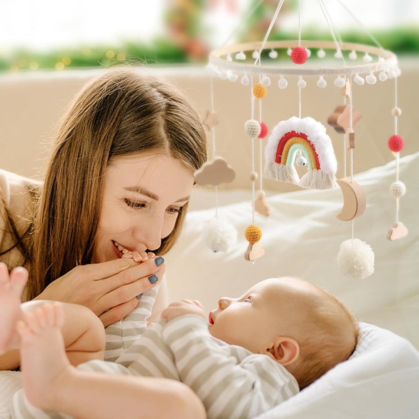 Baby Crib Mobile for Boys Girls Rainbow Nursery Mobile Gender Neutral Hand-Crocheted Mobile Ceiling Mobile - Rainbow, Clouds, Moon