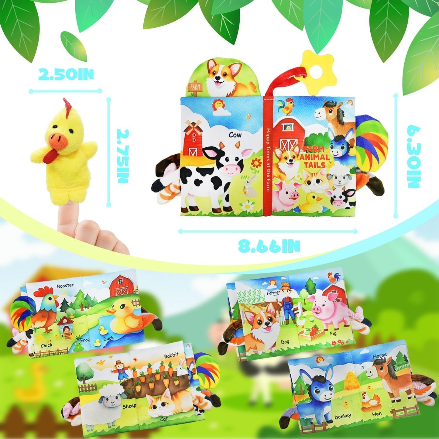 Farm Crinkle Books for Babies with 10 Finger Puppets Set, Touch and Feel Cloth Soft Farm Animal Tail Book with BiBi & Teething Toy, Puppets for Kids Ages 4-8, Baby Shower Birthday Gifts