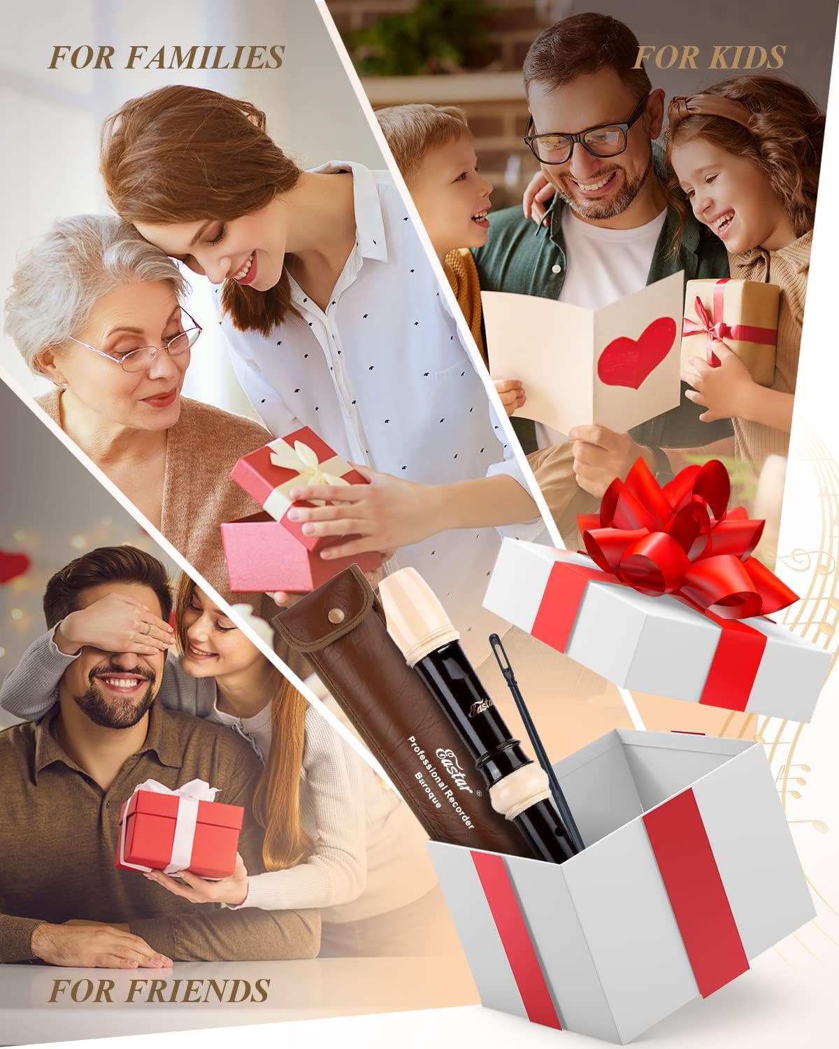 Eastar Soprano Recorder for Beginners Kids, Baroque style C Key Recorder Instrument ABS Classic 3 Piece with Cleaning Kit, Thumb Rest, Leather Bag, Fingering Chart, Brown, ERS-21BB