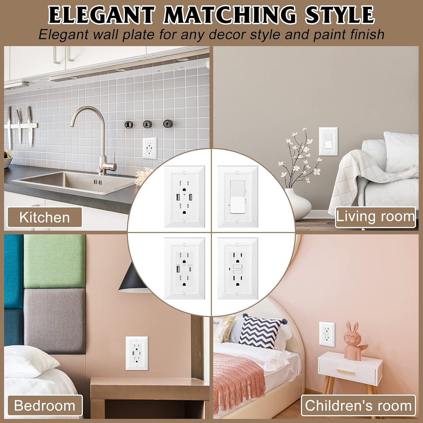 Modern Decorative Wall Plate Switch Plate Outlet Cover, Vintage Retro Wood Grain Design(Single Decorator-4 Pack, White)