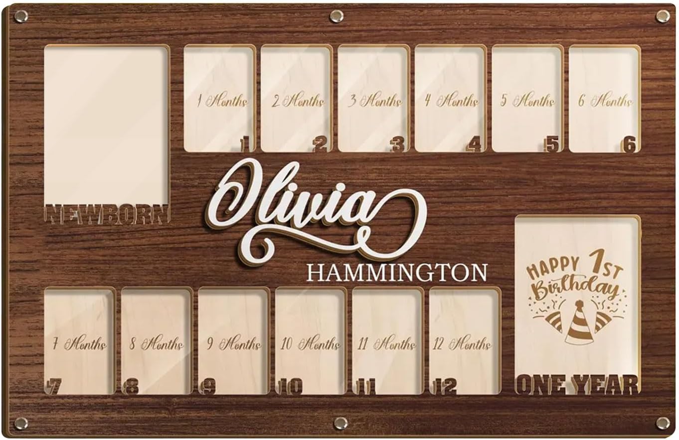 Personalized My First Year Photo Frame | 12 Months Picture Frame For Baby First Year | Displays Two 4x6 Photo and Twelve 2x3 Pictures | Birthday Party Decor Newborn Memory Keepsake, Design 08