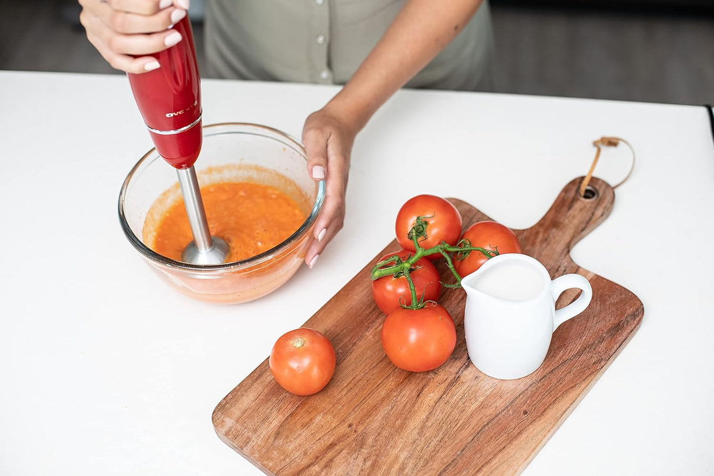 OVENTE Immersion Hand Blender, 300W Electric Handheld Portable Stick Mixer Set with 2 Mixing Speed, Stainless Steel Blades, Egg Whisk Attachment, Mixing Beaker and BPA-Free Food Chopper, Red HS565R