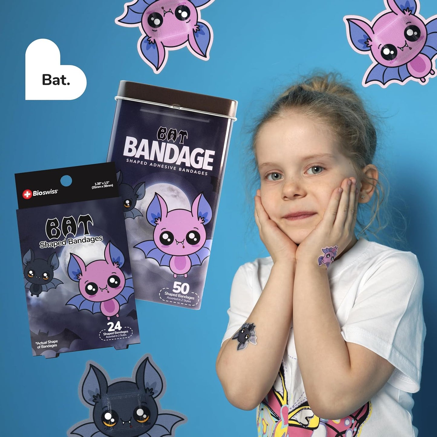 BioSwiss Bandages, Halloween Bat Shaped Self Adhesive Bandage, Latex Free Sterile Wound Care, Fun First Aid Kit Supplies for Kids, 50 Count