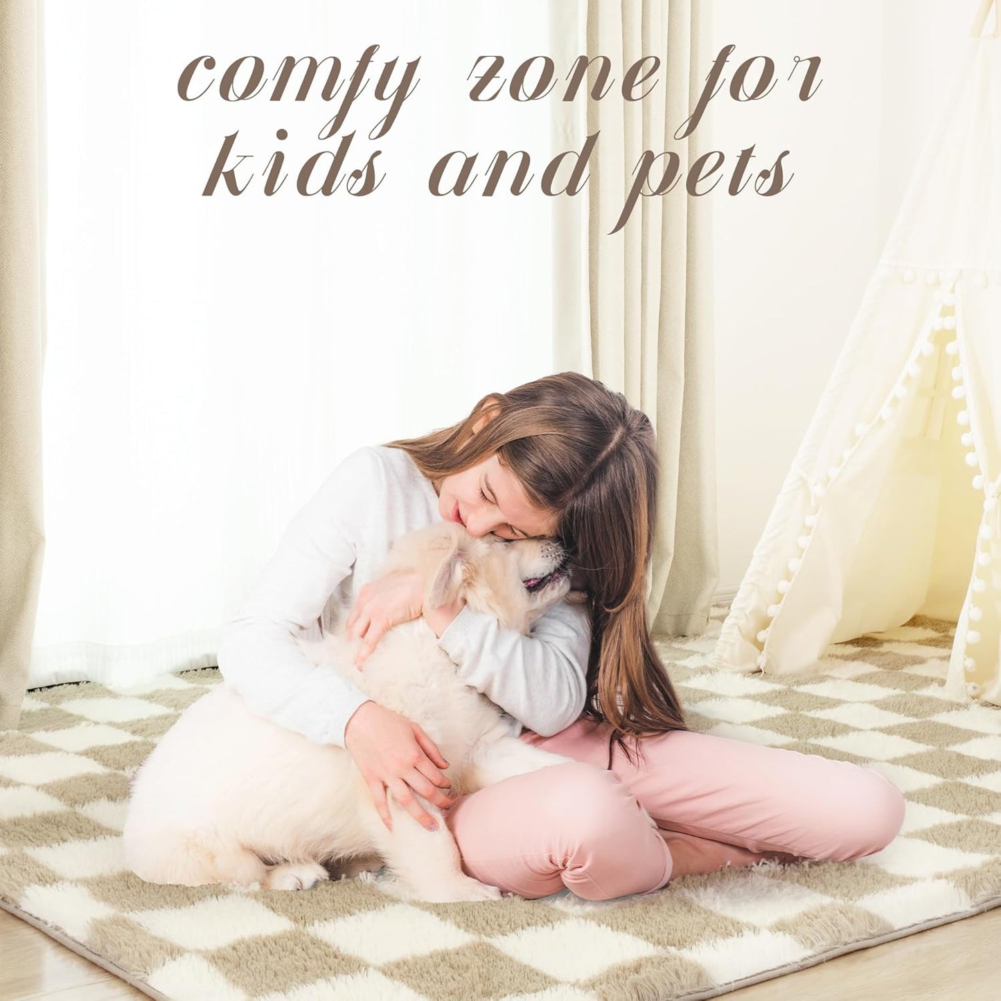 Super Soft Rug for Bedroom, 6x9 Ft Beige and White Area Rug Classic Checkered Shaggy Anti-Skid High Pile Soft Fluffy Rug Fuzzy Carpet for Living Room Bedroom Kids Room Nursery, Dorm Home Decor