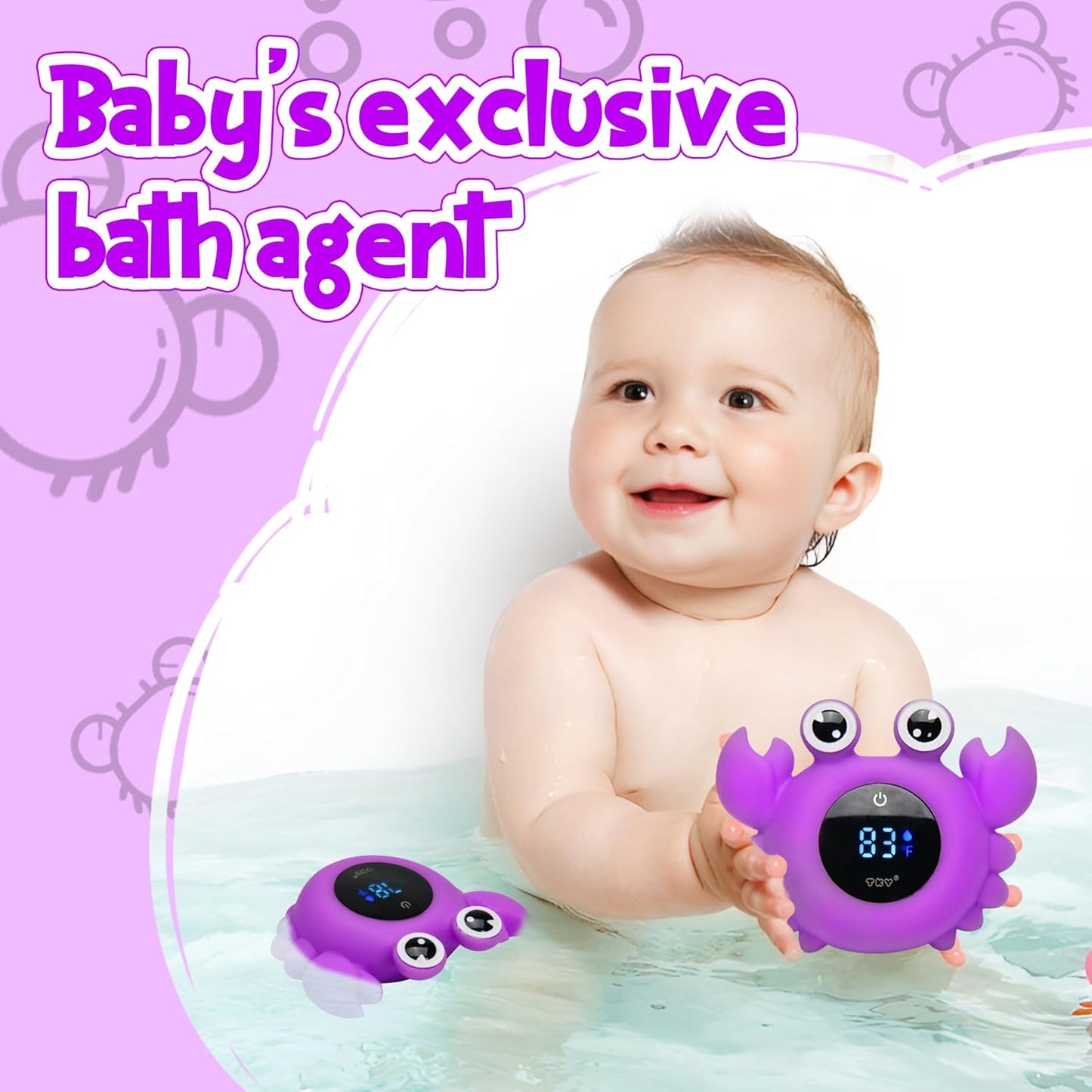 TKY Baby Bath Thermometer with Floating Toys & Room Temperature Monitor - Rechargeable Digital Thermometer with Temperature Alerts, Bath Essentials for Newborns, Infants Crab (Purple)