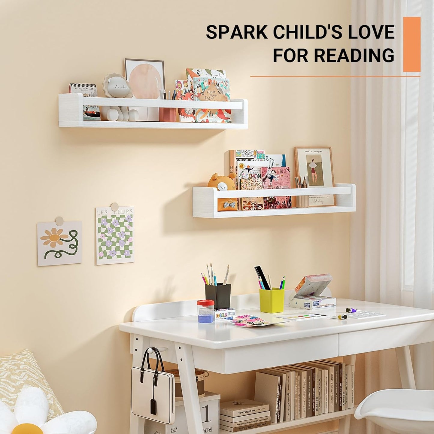 Heimlove Nursery Floating Shelves, White Nursery Book Shelves for Wall, 24 inch Wall Bookshelf for Kids Solid Wood Wall Mounted Shelves for Books,Toys and Decor Storage, Set of 3