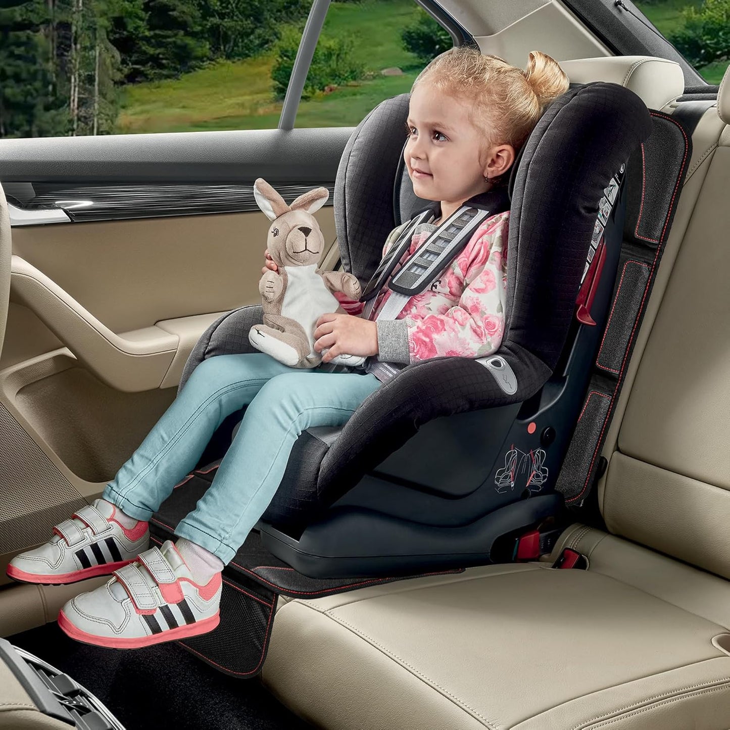 Car Seat Protector 2 Pack Baby Car Seat Covers with Mesh Pockets & Non-Slip Backing 600D Durable Seat Protector Under Baby Car Seat (Black & Red, Large)