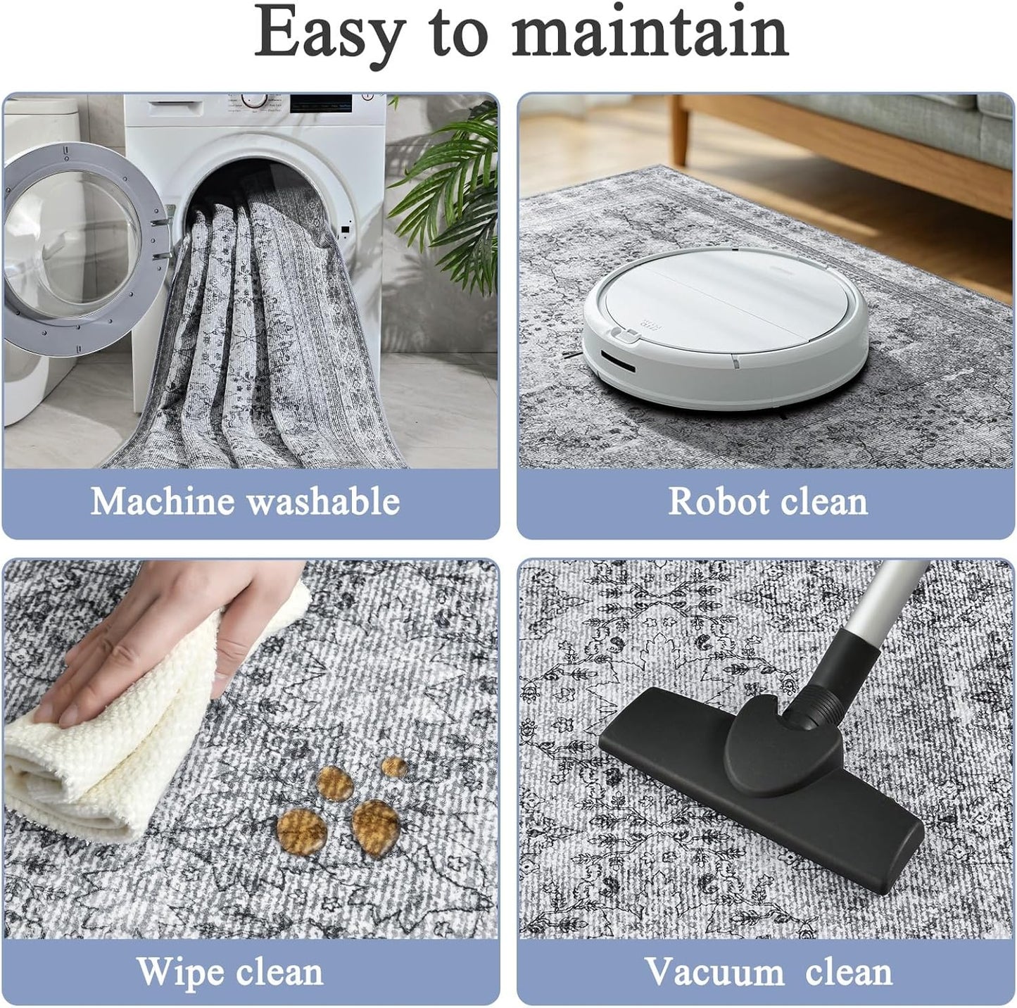 Large Faded Gray 8x10 Washable Area Rug for Living Room, No Shedding Vintage Floral Print Rugs Non Slip, Indoor Foldable Thin Retro Accent Carpet for Bedroom Farmhouse Dining Room