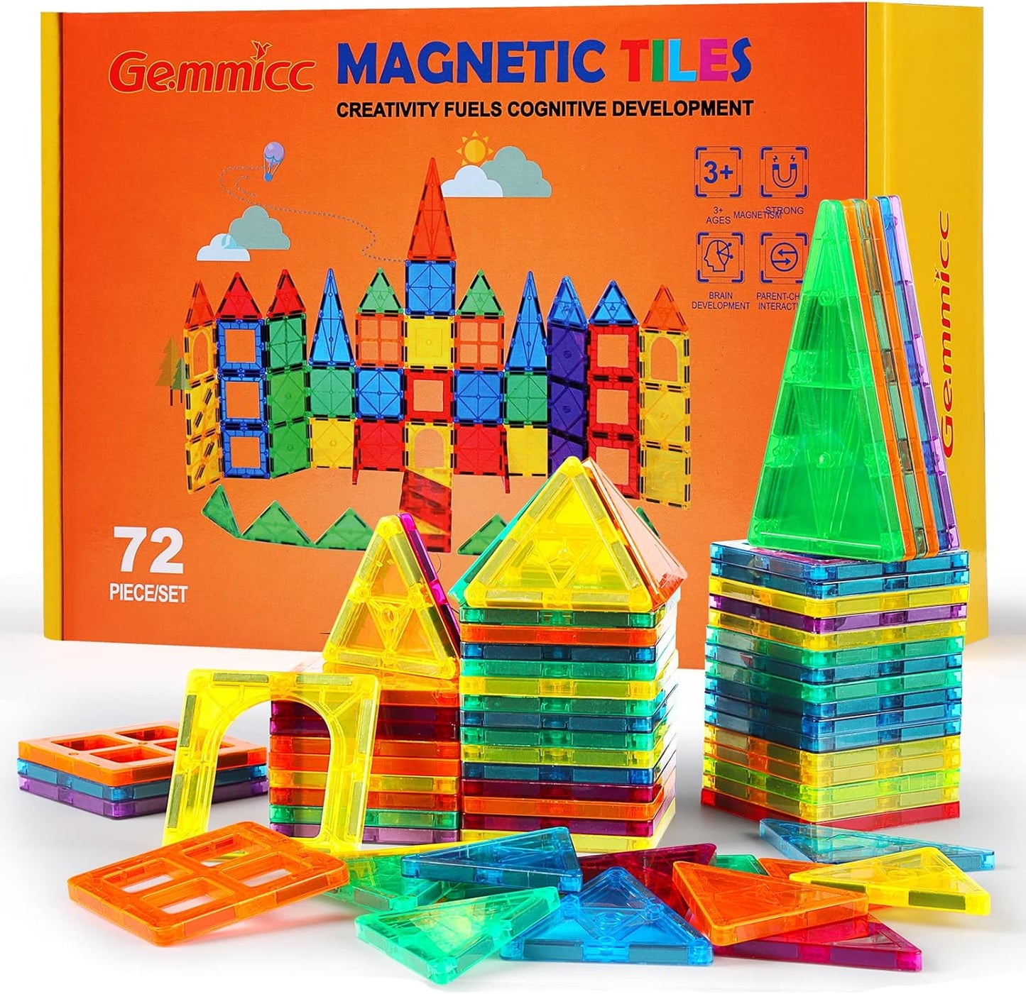 Gemmicc Magnetic Tiles, Magnet Toys Building Blocks for Kids, STEM Approved Educational Toys,Magnet Puzzles Stacking Blocks for Boys Girls,72 PCS Advanced Set