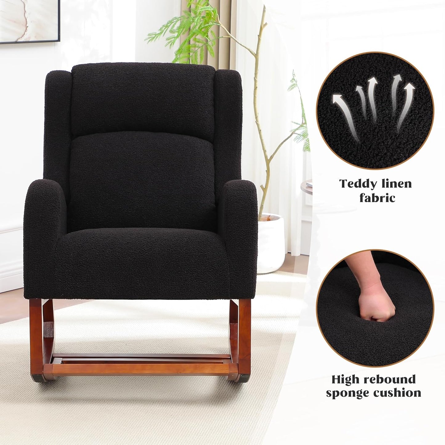 Rocking Chair Nursery, Nursing Rocking Chairs for Mom Nursery, Comfy Wingback Glider Rocking Armchair with Foot Rest and Side Pocket for Nursery Living Room Bedroom, Walnut Black