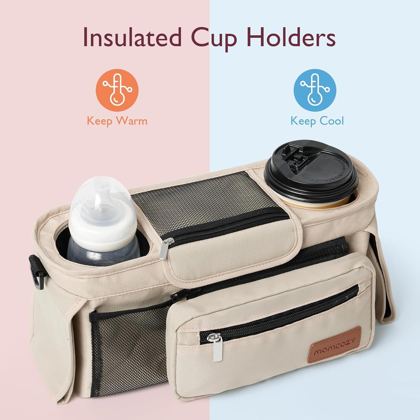 Momcozy Universal Stroller Organizer with Insulated Cup Holder Detachable Phone Bag & Shoulder Strap, Fits for Stroller like Uppababy, Baby Jogger, Britax, BOB, Umbrella and Pet Stroller