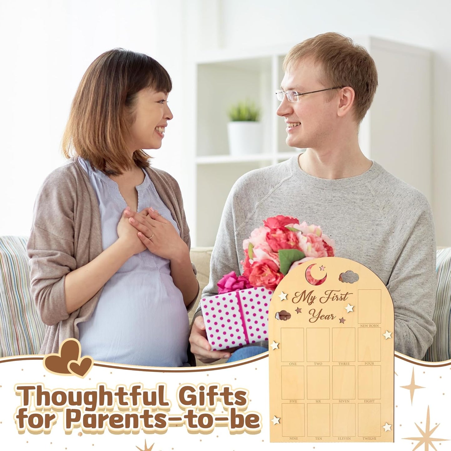 R HORSE My First Year Photo Frame Board - 3D Star Baby First Year Picture Frame 12 Months Milestone Photo Display Wood Board Baby Keepsake 1st Birthday Nursery Decor Gift for Boy Girl