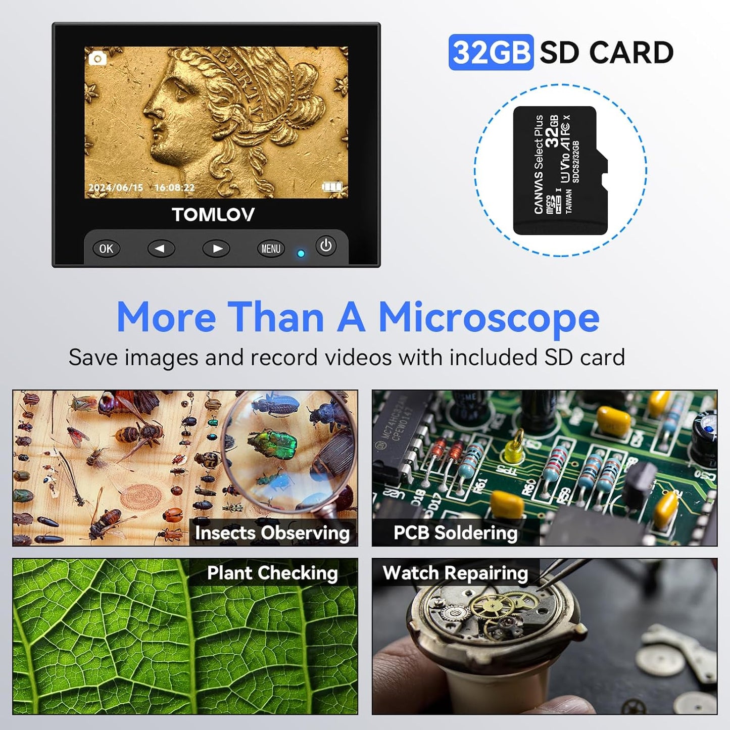 TOMLOV 1000X Coin Microscope with 4.3" Screen, Digital Microscope Magnifier with LED Lights, Metal Stand, PC View, Photo/Video, 32GB SD Card, Windows, macOS Compatible, DM4S