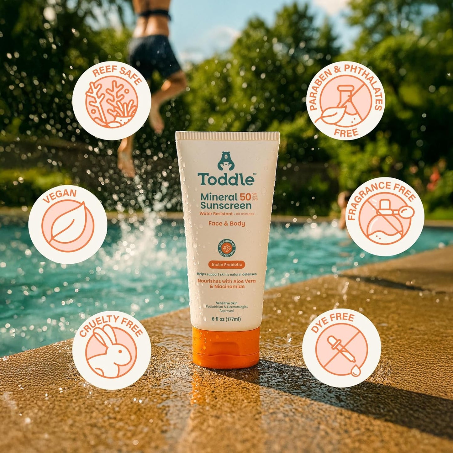 Prebiotic Mineral Sunscreen SPF 50 for Kids & Baby, Face & Body Sun Protection, Reef Safe, Non-Toxic Zinc Oxide Broad Spectrum, Water-Resistant, No White Cast, 6oz