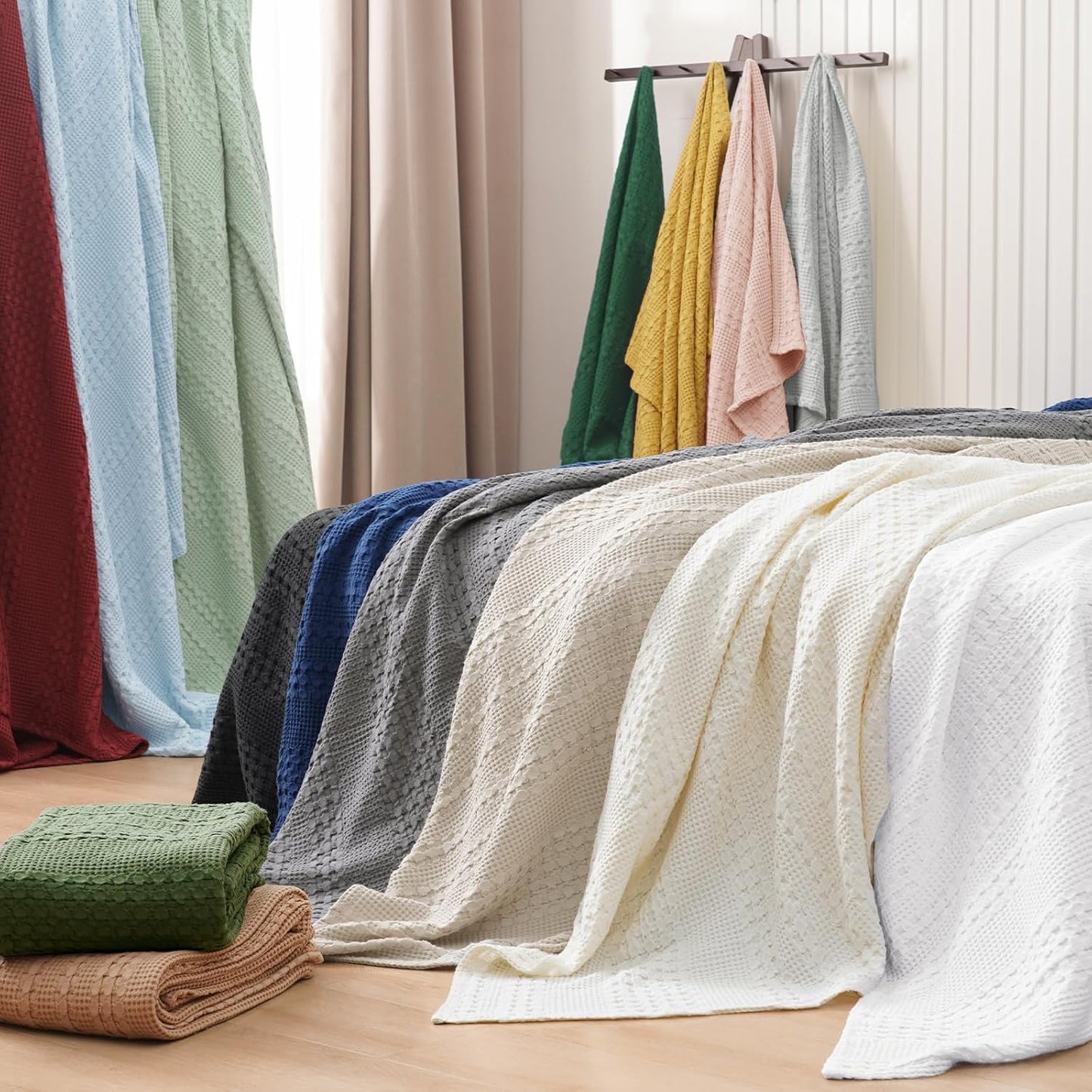 PHF 100% Cotton Waffle Weave Blanket King Size, Soft Lightweight Breathable Cozy Summer Blankets for Bed, Luxury Aesthetic Woven Bedding for Home Decor, 108"x90", Khaki