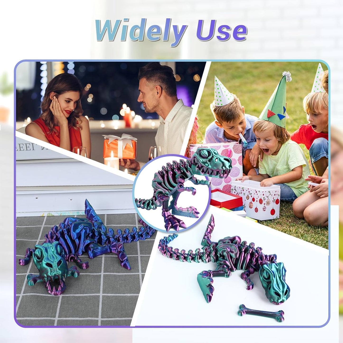 3D Printed Dinosaur Bone Skeleton Tyrannosaurus Rex with Movable Jaw Fidget Dinosaur Toys Full Articulated Dinosaur Executive Desk Toys Home Office Decor, Purple Mix Green-2