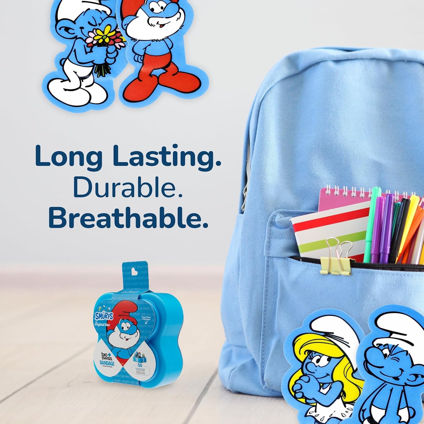 BioSwiss Bandages, The Smurfs Classic Shaped Self Adhesive Bandage, Latex Free Sterile Wound Care, Fun First Aid Kit Supplies for Kids and Adults, 50 Count Plastic Case