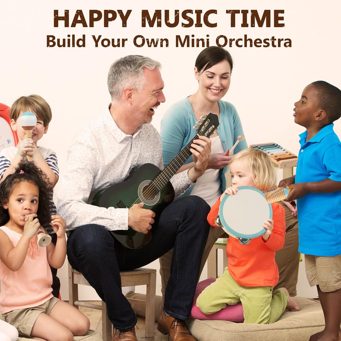 Baby Musical Instruments | Montessori Wooden Toys for Toddlers, Neutral Color Percussion Instruments Set with Modern Boho Xylophone Tambourine, Educational Musical Toys for Boys Girls 3+