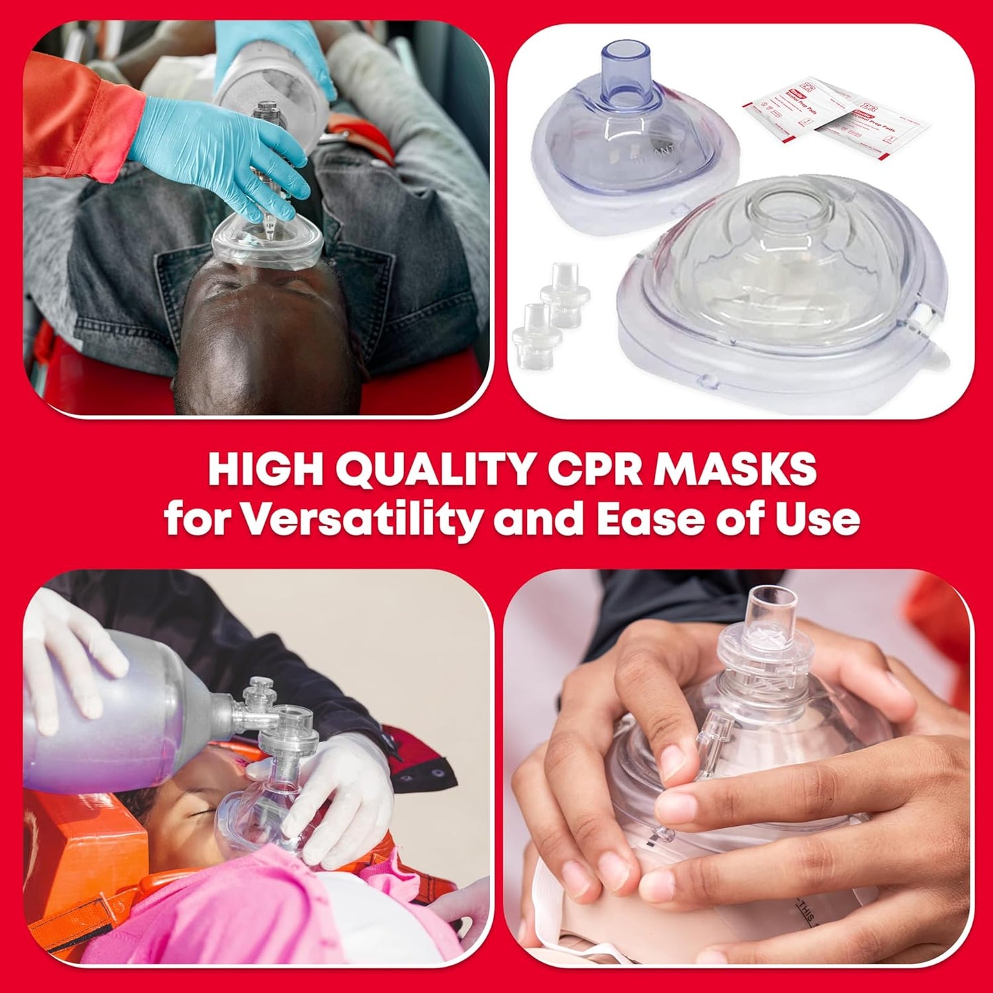 Adult and Infant CPR Mask Combo Kit – Includes 2 CPR Masks with One-Way Valves, Pair of Vinyl Gloves, 2 Alcohol Prep Pads – Portable Emergency CPR Kit – Red
