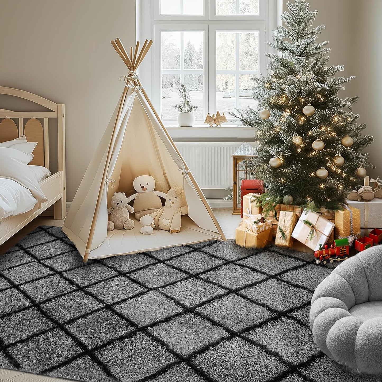 Fluffy Rug for Bedroom, 6X9Feet Stripe Checkered Rug Anti-Skid High Pile for Living Room Bedroom Kids Room Nursery, Dorm Home Decor