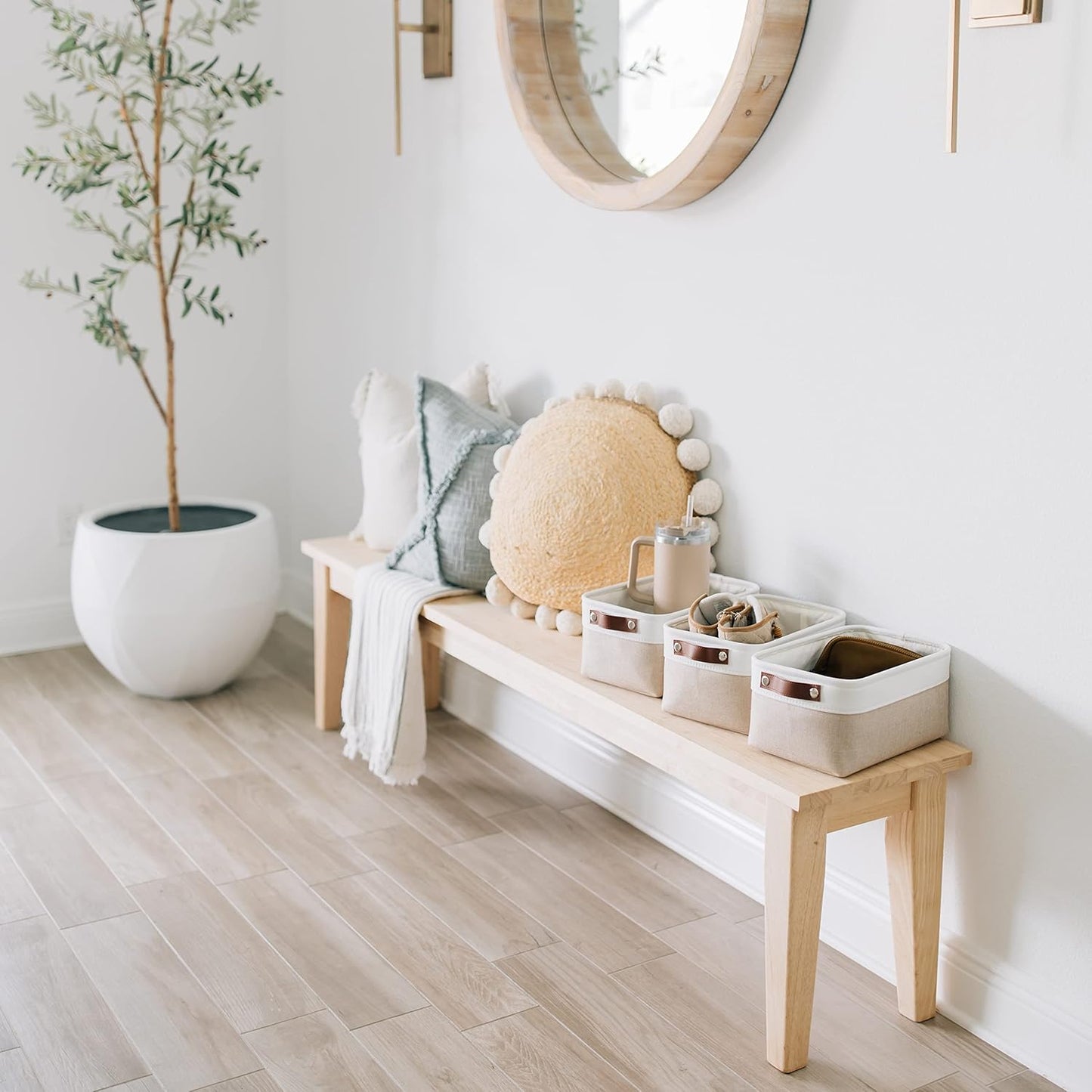 OrganiHaus Small Fabric Storage Baskets for Shelves 6 Pack, 12x8in Closet Storage Bins for Shelves, Cloth Storage Bins, Linen Closet Organizers, Fabric Basket, Shelf Baskets for Organizing Beige/White