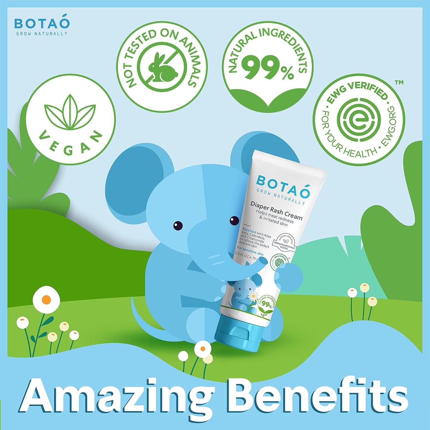 Baby's Natural Diaper Cream | Organic Diaper Cream EWG Verified | Naturally Soothes Baby Rashes | Baby zinc Ointment Natural | For Sensitive Skin with Aloe Vera & Calendula, 2.5Oz