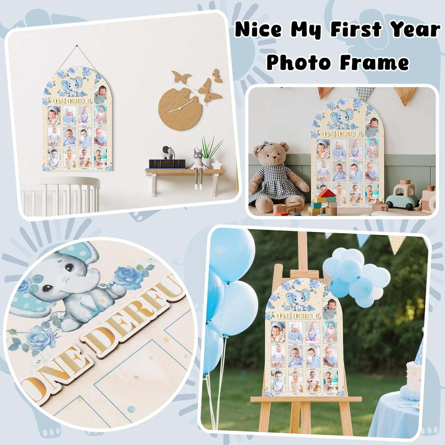 R HORSE My First Year Photo Display Wood Board - 3D Blue Elephant Baby's First Year Picture Frame, 12 Months Milestone Board Neutral Baby Keepsake Gift 1st Birthday Nursery Decor for Boy Girl