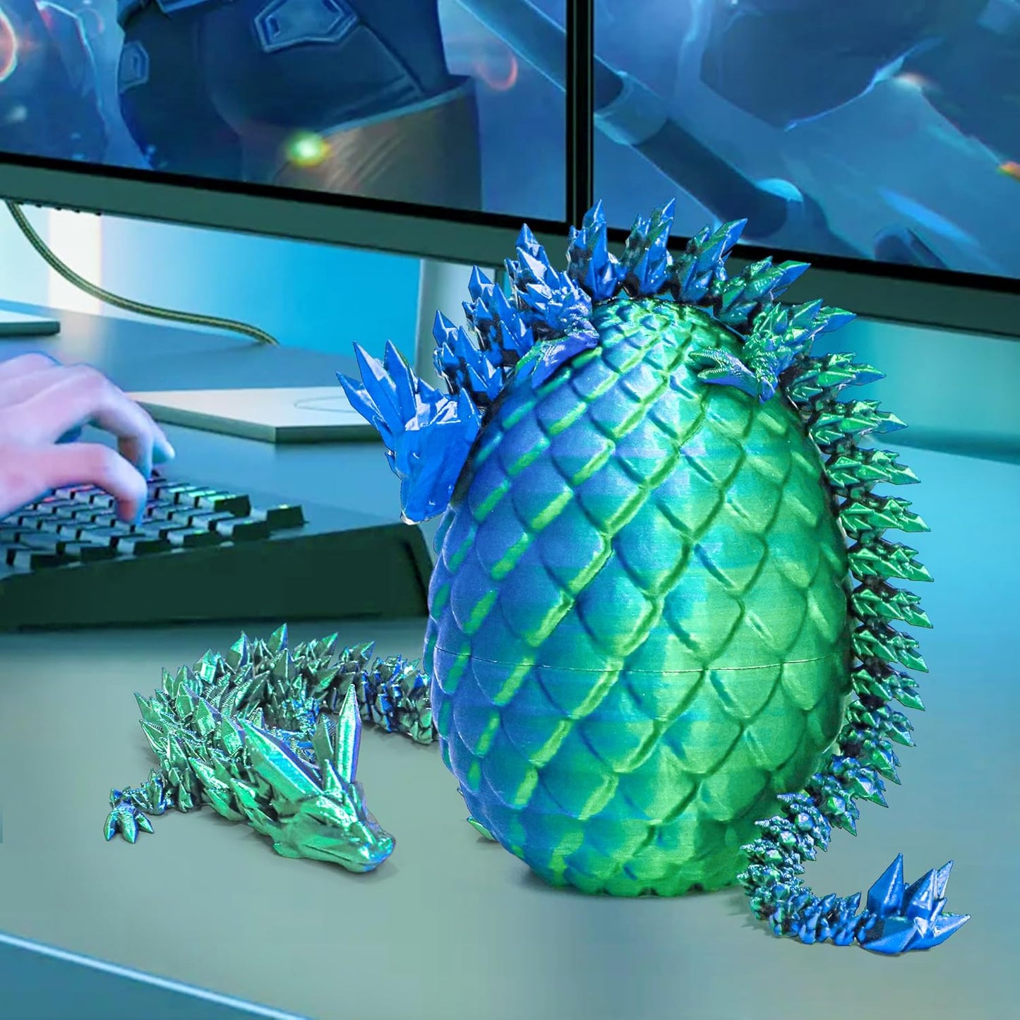Dragon Egg - 3D Dragon Egg with Flexible Pearly Sheen Dragon Inside, 3D Printed Surprise Gift, Articulated Dragon Egg Fidget Toy, Dragon Figurine Decor (12” Dragon,Green Mix Blue)