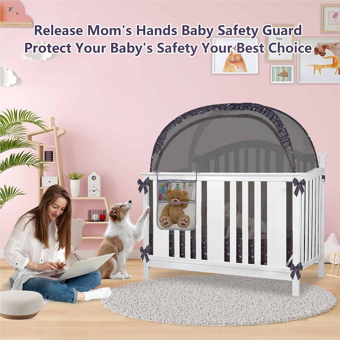 Baby Safety Crib Tent Infant Pop up Mosquito Net Nursery Bed Canopy Netting Cover - Keep Baby from Climbing Out with Hanging Diaper Storage Bag (Dark Gray)