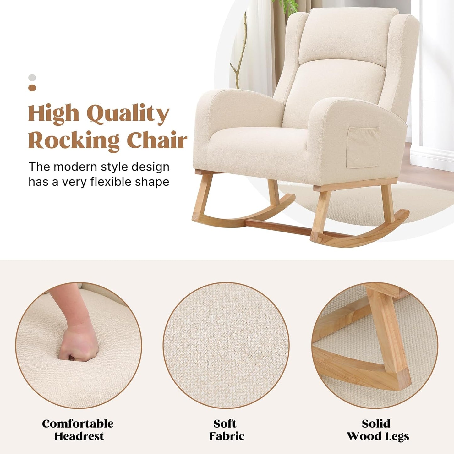 Rocking Chair Nursery, Nursing Rocking Chairs for Mom Nursery, Comfy Wingback Glider Rocking Armchair with Side Pocket for Nursery Living Room, Beige