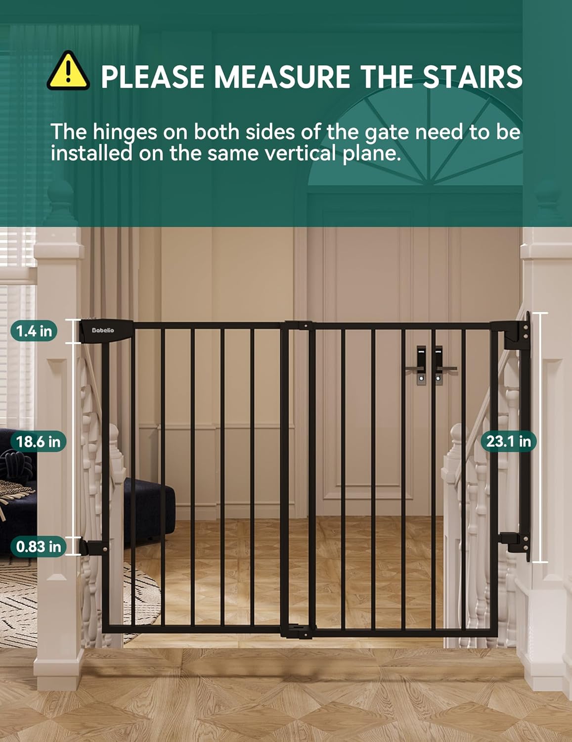 Babelio 29.7-46.5" No Bottom Bar Baby/Dog Gate for Stairs, House and Doorways, Auto Close Safety Pet Gates with Large Walk Thru Door, Hardware Mount, Black