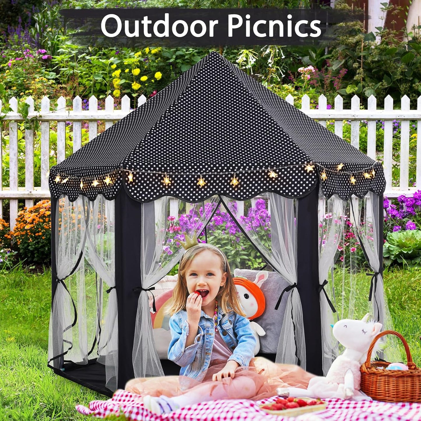 Monobeach Princess Tent Girls Black Large Playhouse Kids Castle Play Tent with Star Lights Gift Toy for Children Indoor and Outdoor Games
