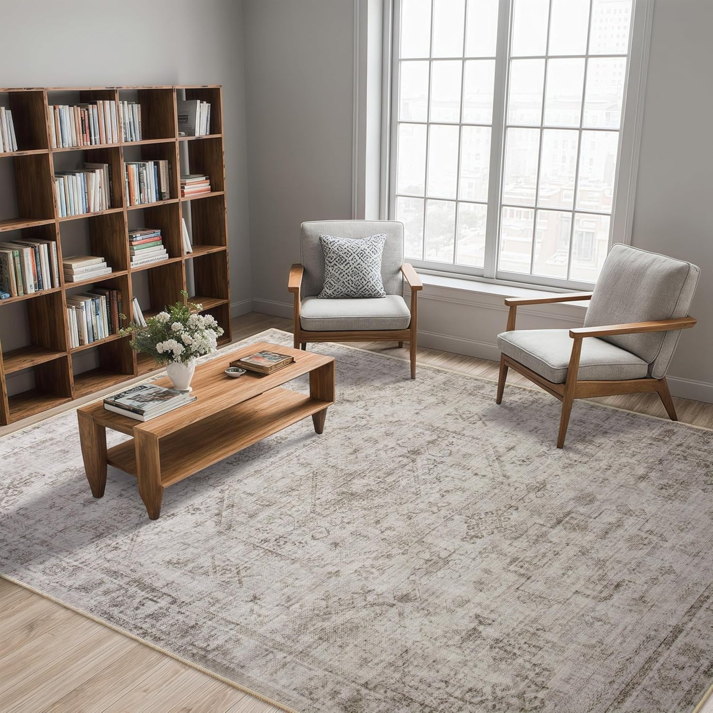 6x9 Washable Area Rug for Living Room, Non-Slip Distressed Rugs for Bedroom Dinning Room, Ultra-Thin Indoor Non-Shedding Vintage Print Carpet for Farmhouse, Home Office, Dorm Light Taupe/Cream