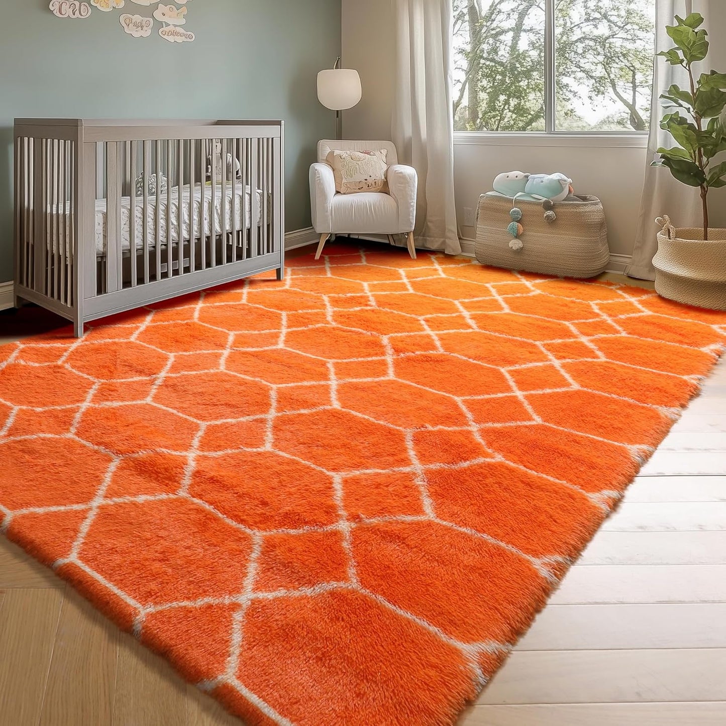 ONASAR Area Rugs for Bedroom Living Room, Washable 4x6 Fluffy Orange and White Throw Rug, Geometric Soft Shaggy Fuzzy Plush Indoor Floor Carpet for Kids Teen Nursery Dorm Office Home Decor Aesthetic