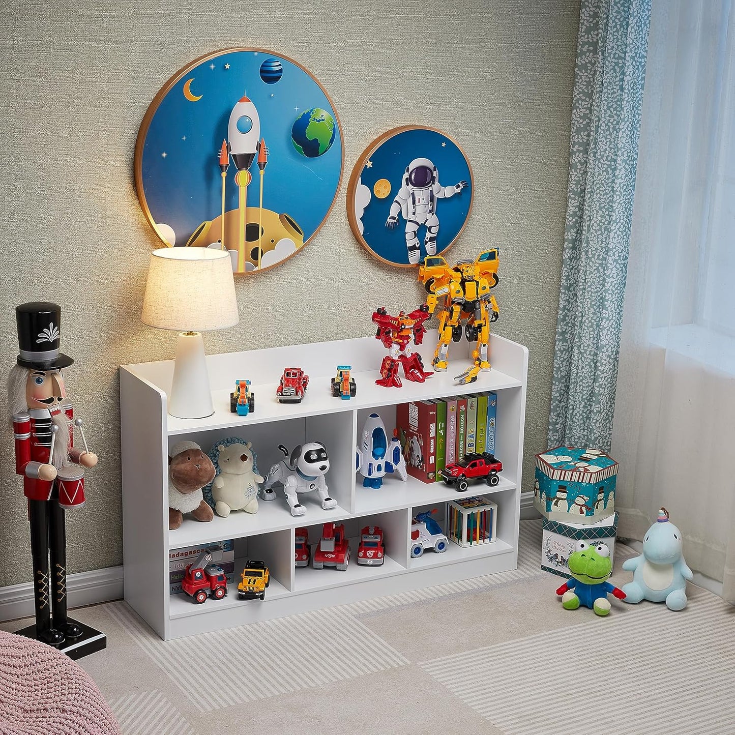 Kids Toy Storage Organizer, 5-Section Bookshelf for Organizing Books Toys, Wooden Storage Cabinet Daycare Furniture for School, Classroom Playroom, Nursery, Kindergarten (White)