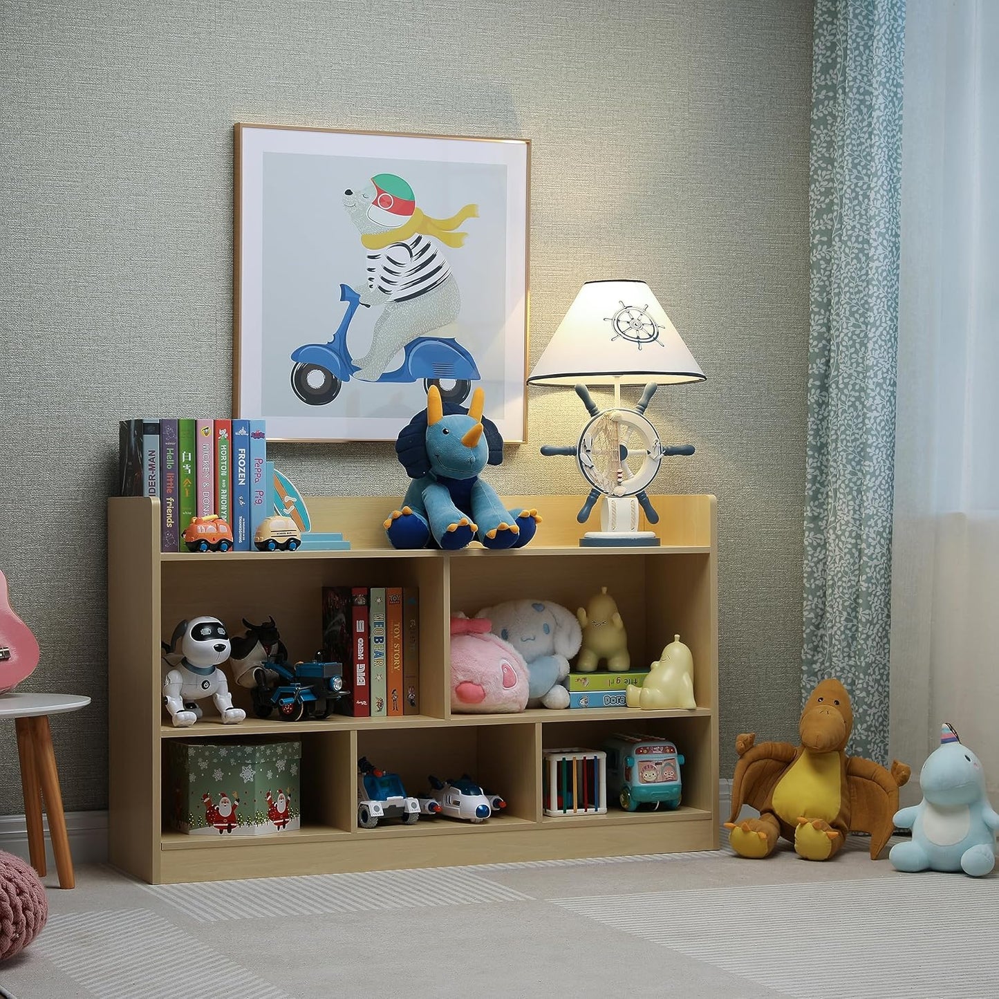 Kids Toy Storage Organizer, 5-Section Bookshelf for Organizing Books Toys, Wooden Storage Cabinet Daycare Furniture for School, Classroom Playroom, Nursery, Kindergarten (Natural)