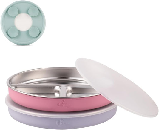Elk and Friends Stainless Steel Divided Plates with Silicone Sleeve for Babies & Toddlers | Lids Included | Stay Put Suction | Dinner & Snack Plates | 2 Pack