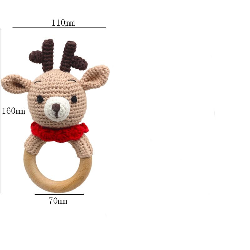 Wooden Baby Rattle for Newborn Toddler Soothing Handmade Crochet Ring Toys (Light Brown Deer)