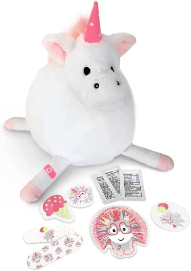 Plush Emergency Kit for Home – Compact Travel Size – Kids Medical Kit – Toddler Care Kit – Mini Boo Boo Bag – Small Emergency Kit for Classroom – Lily Unicorn Plush Bag