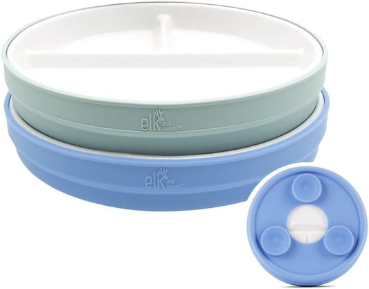 Elk and Friends Kids 6.7” Porcelain Divided Plates with Silicone Suction Sleeves | Suitable for Babies/Kids/Toddlers | Microwave & Dishwasher Safe | Non Slip | Snack Dishes | 2 Pack