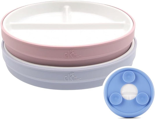 Elk and Friends Kids 6.7” Porcelain Divided Plates with Silicone Suction Sleeves | Suitable for Babies/Kids/Toddlers | Microwave & Dishwasher Safe | Non Slip | Snack Dishes | 2 Pack
