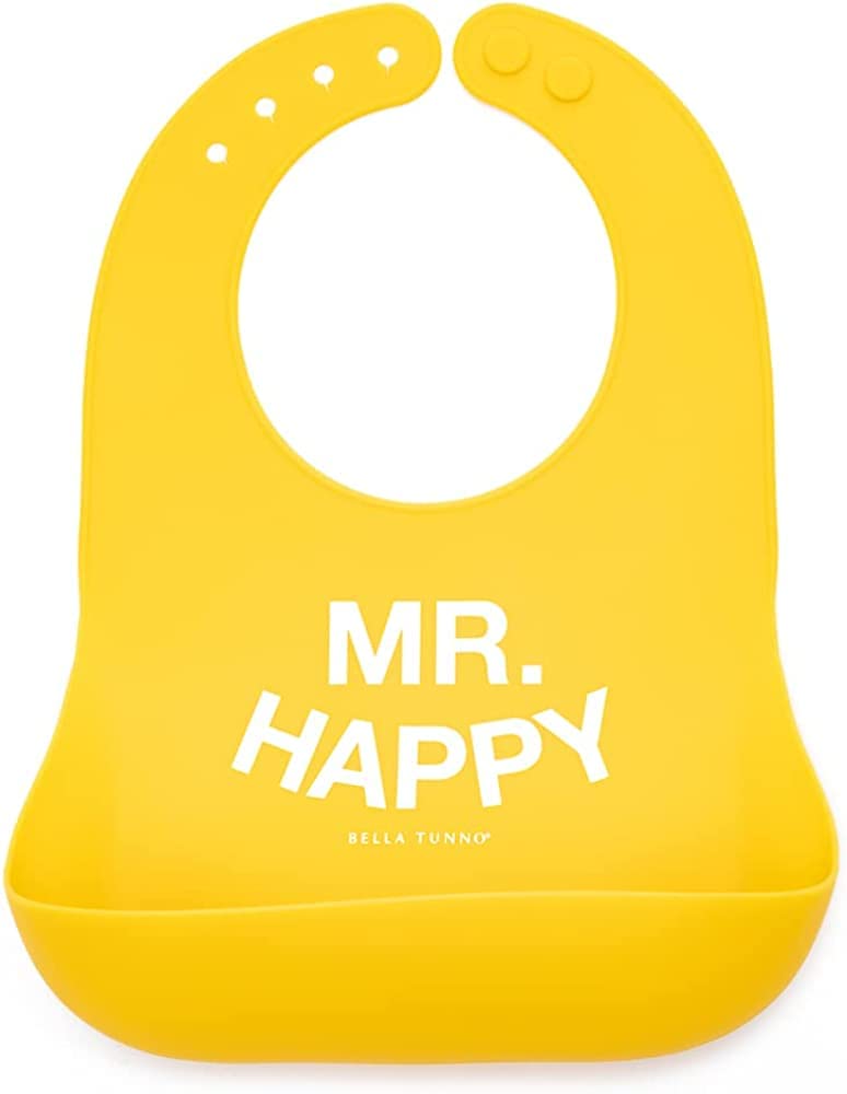 Baby Bib for Eating by Bella Tunno, Waterproof Silicone Bib with Large Food Catcher, Adjustable Fit for Babies 4-12 months & Toddlers 1-3 Years, Boys & Girls, Mr Happy