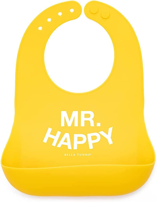 Baby Bib for Eating by Bella Tunno, Waterproof Silicone Bib with Large Food Catcher, Adjustable Fit for Babies 4-12 months & Toddlers 1-3 Years, Boys & Girls, Mr Happy