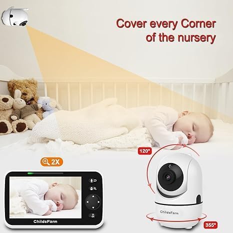 ChildsFarm Video Baby Monitor, 5’’ Screen with 30-Hour Battery, Video Baby Monitor with Camera and Audio, Remote Pan-Tilt-Zoom, 2-Way Talk, VOX, Night Vision, 8 Lullabies, 1000ft Range, No WiF