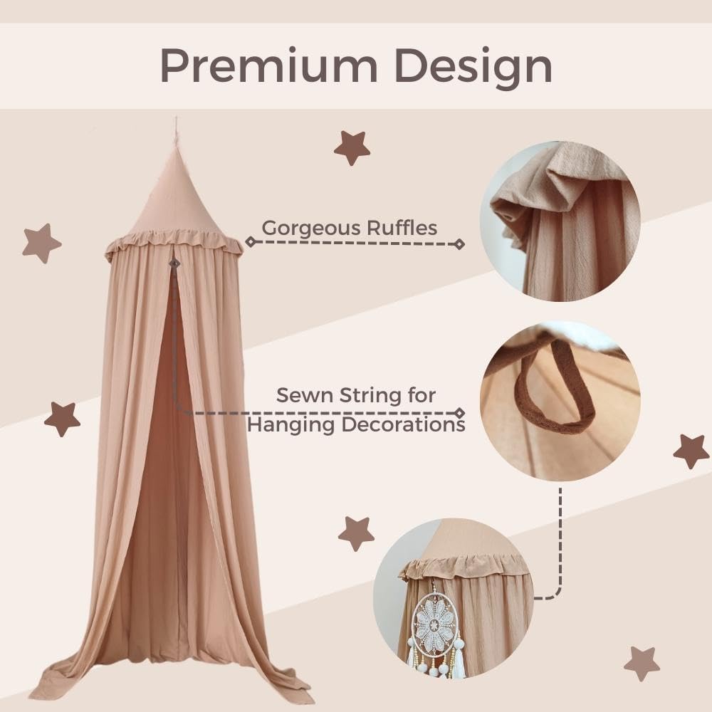 Wonder Space Kids Bed Canopy with Ruffles, Pastel Neutral Color for Boys & Girls, Frilled Cotton Tent Nursery Room Baby Crib Hanging Curtain Mosquito Netting Children Reading Nook Decoration (Nougat)