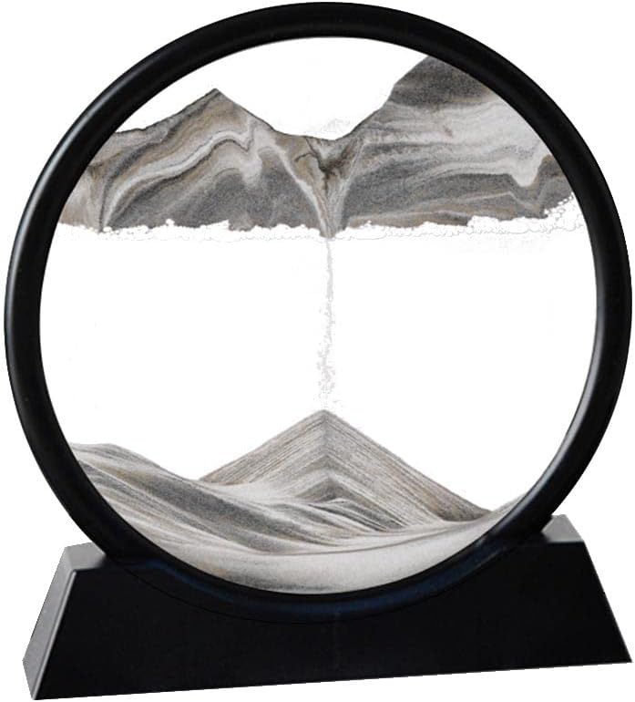 Moving Sand Art Picture in Motion Round Glass 3D Deep Sea Landscape, Dynamic Sand Art Sandscapes, Sensory Relaxing Desktop Table Decor Desk Decor Art Desk (12 inch, Black)